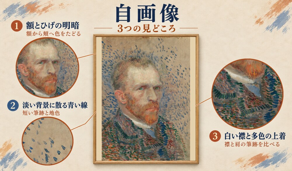 「自画像（1887年夏）」の3つの見どころ：額とひげの明暗、淡い背景に散る青い線、白い襟と多色の上着