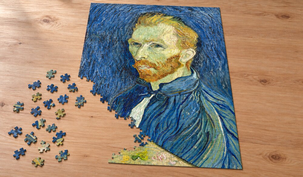 ゴッホ「自画像（1889年8月）」の組み立て途中を表したアートパズルのイメージ