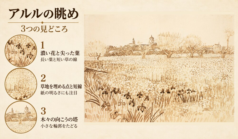 「アルルの眺め」の3つの見どころ：濃い花と尖った葉、草地を埋める点と短線、木々の向こうの塔
