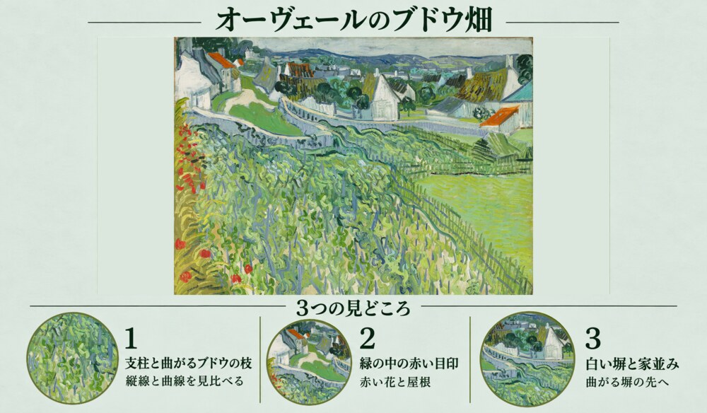「オーヴェールのブドウ畑」の3つの見どころ：支柱と曲がるブドウの枝、緑の中の赤い目印、白い塀と家並み