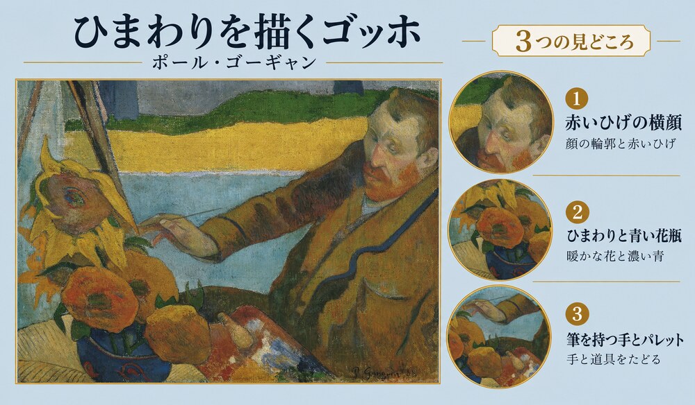 ゴーギャン「ひまわりを描くゴッホ」の3つの見どころ：赤いひげの横顔、ひまわりと青い花瓶、筆を持つ手とパレット