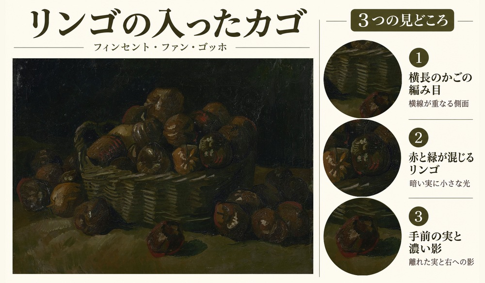「リンゴの入ったカゴ」の3つの見どころ：横長のかごの編み目、赤と緑が混じるリンゴ、手前の実と濃い影