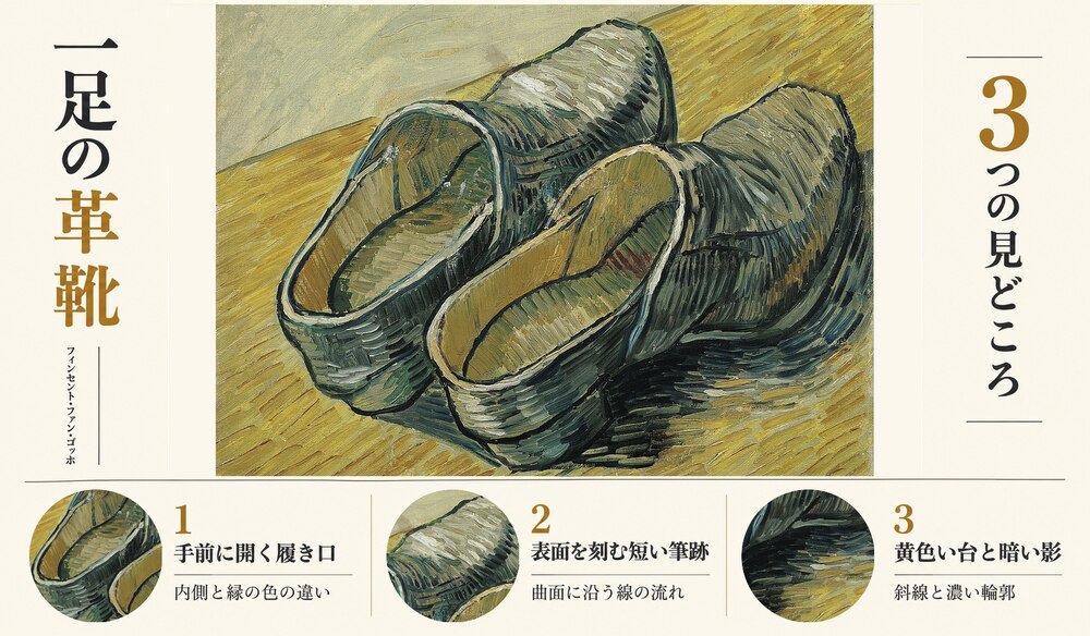 「一足の革靴」の3つの見どころ：手前に開く履き口、表面を刻む短い筆跡、黄色い台と暗い影