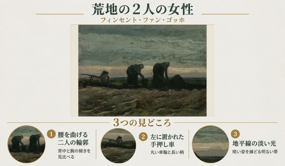 「荒地の２人の女性」の3つの見どころ：腰を曲げる二人の輪郭、左に置かれた手押し車、地平線の淡い光
