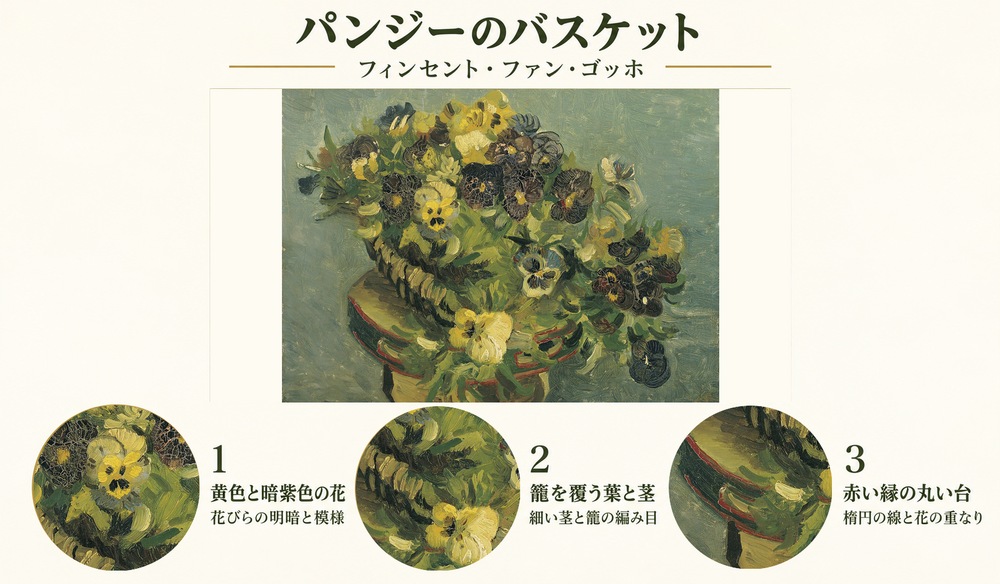 「パンジーのバスケット」の3つの見どころ：黄色と暗紫色の花、籠を覆う葉と茎、赤い縁の丸い台