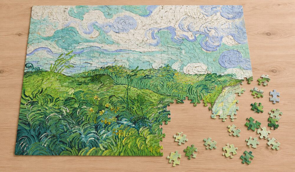 ゴッホ「緑の麦畑（オーヴェール）」の組み立て途中を表したアートパズルのイメージ