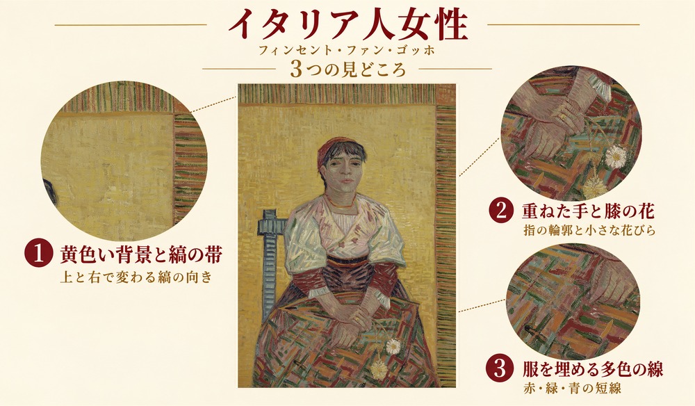 「イタリア人女性」の3つの見どころ：黄色い背景と縞の帯、重ねた手と膝の花、服を埋める多色の線