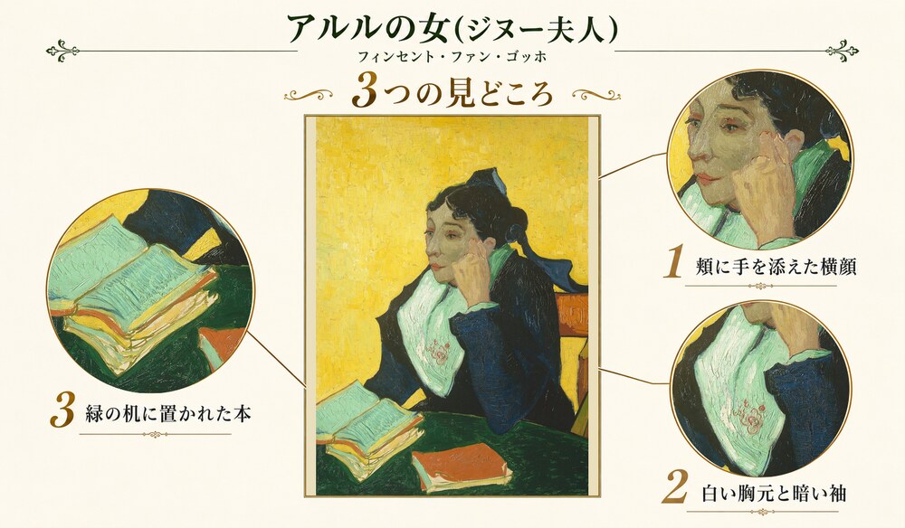 「アルルの女(ジヌー夫人)」の3つの見どころ：頬に手を添えた横顔、白い胸元と暗い袖、緑の机に置かれた本