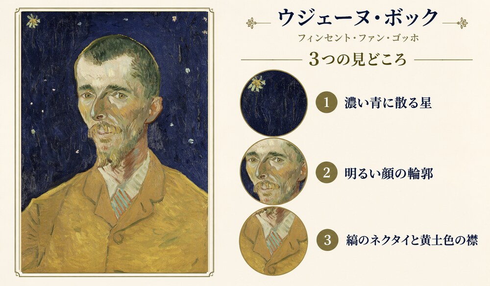 「ウジェーヌ・ボック」の3つの見どころ：濃い青に散る星、明るい顔の輪郭、縞のネクタイと黄土色の襟