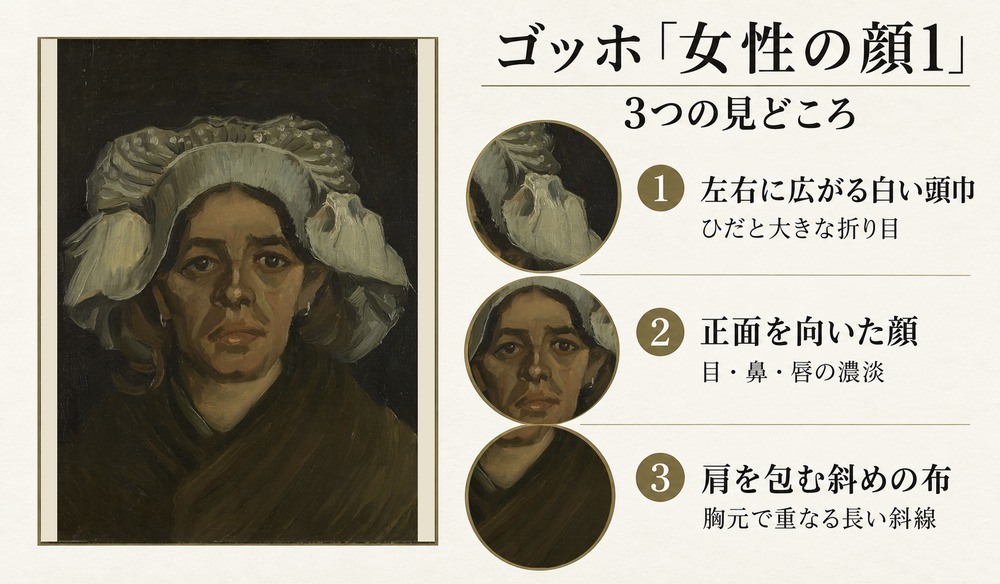 「女性の顔1」の3つの見どころ：左右に広がる白い頭巾、正面を向いた顔、肩を包む斜めの布
