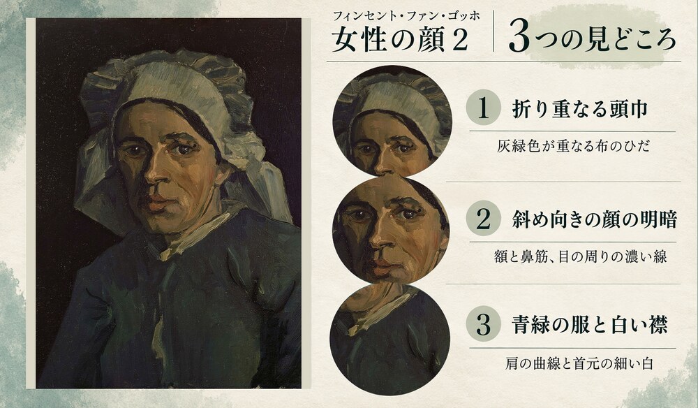 「女性の顔２」の3つの見どころ：折り重なる頭巾、斜め向きの顔の明暗、青緑の服と白い襟