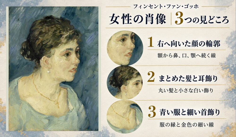 「売春婦の肖像1」の3つの見どころ：右へ向いた顔の輪郭、まとめた髪と耳飾り、青い服と細い首飾り