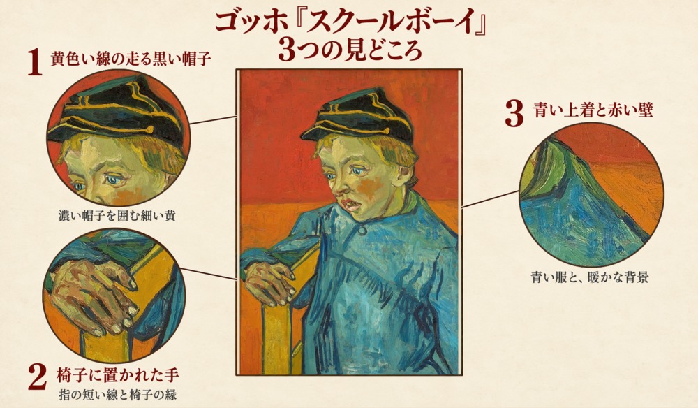 「スクールボーイ」の3つの見どころ：黄色い線の走る黒い帽子、椅子に置かれた手、青い上着と赤い壁