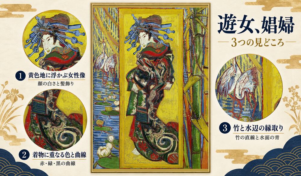 「遊女、娼婦」の3つの見どころ：黄色地に浮かぶ女性像、着物に重なる色と曲線、竹と水辺の縁取り