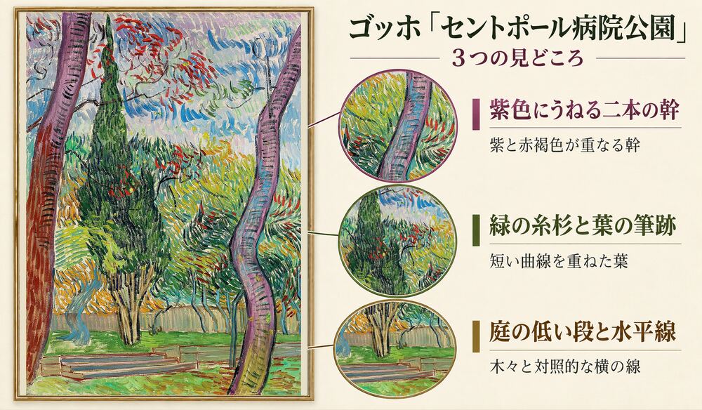 「セントポール病院公園」の3つの見どころ：紫色にうねる二本の幹、緑の糸杉と葉の筆跡、庭の低い段と水平線