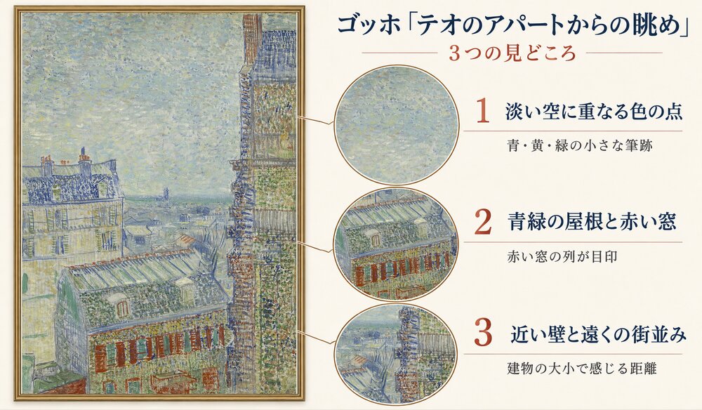 「テオのアパートからの眺め」の3つの見どころ：淡い空に重なる色の点、青緑の屋根と赤い窓、近い壁と遠くの街並み