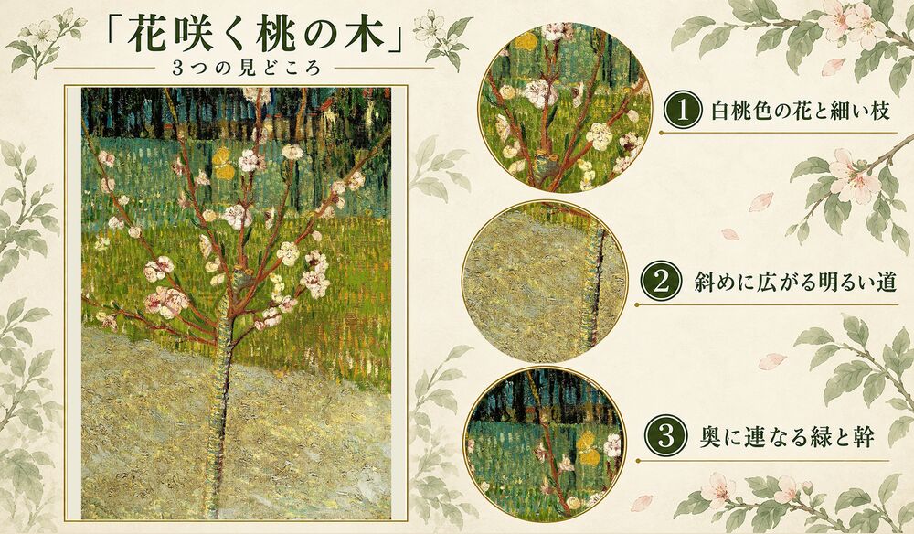 「花咲く桃の木」の3つの見どころ：白桃色の花と細い枝、斜めに広がる明るい道、奥に連なる緑と幹