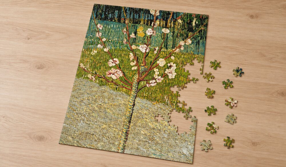 ゴッホ「花咲く桃の木」の組み立て途中を表したアートパズルのイメージ