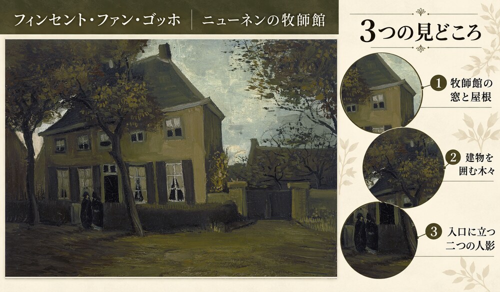 「ニューネンの牧師館」の3つの見どころ：牧師館の窓と屋根、建物を囲む木々、入口に立つ二つの人影