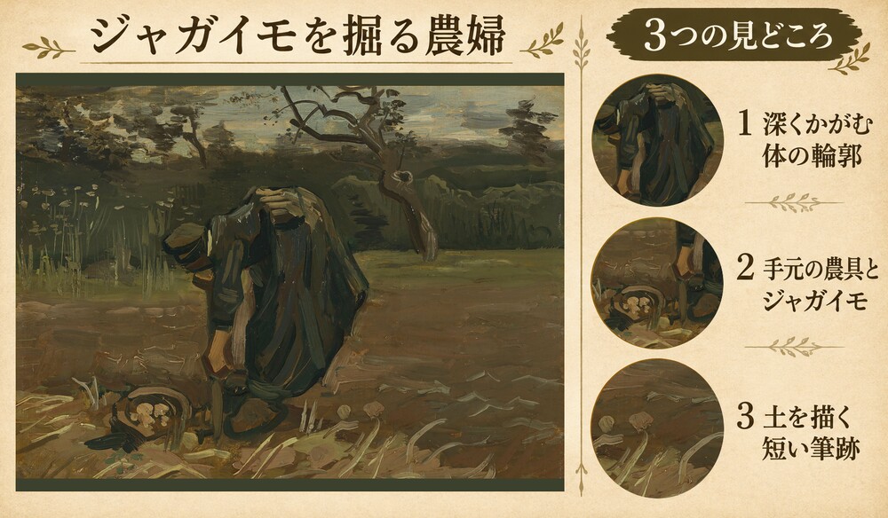 「ジャガイモを掘る農婦」の3つの見どころ：深くかがむ体の輪郭、手元の農具とジャガイモ、土を描く短い筆跡