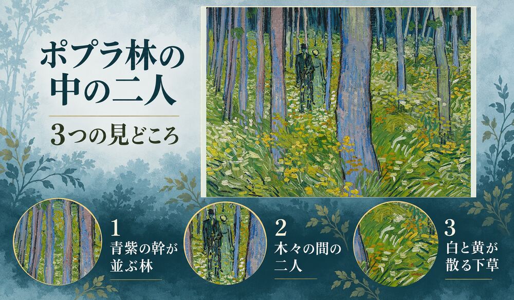 「ポプラ林の中の二人」の3つの見どころ：青紫の幹が並ぶ林、木々の間の二人、白と黄が散る下草