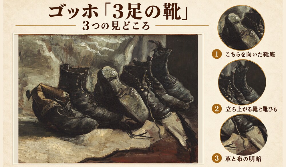 ゴッホ「３足の靴」の3つの見どころ：こちらを向いた靴底、立ち上がる靴と靴ひも、革と布の明暗