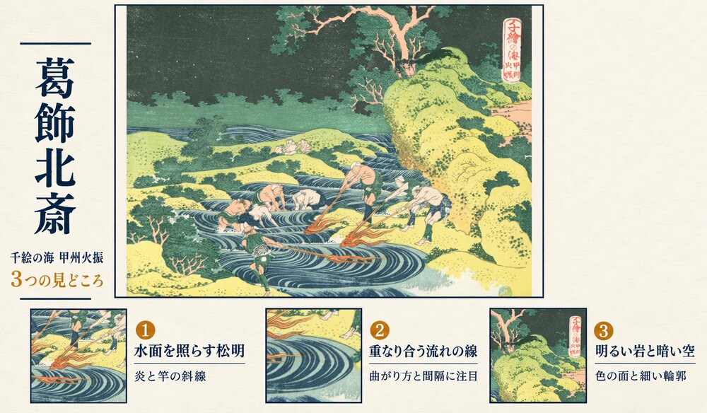 北斎「千絵の海 甲州火振」の3つの見どころ：水面を照らす松明、重なり合う流れの線、明るい岩と暗い空