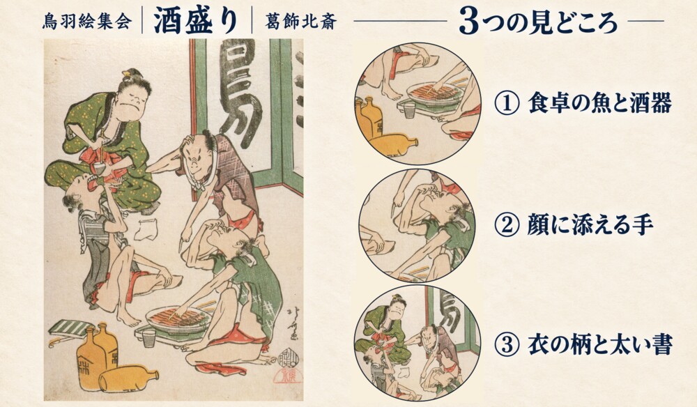 葛飾北斎「鳥羽絵集会 酒盛り」の全図と、食卓の魚と酒器、顔に添える手、衣の柄と太い書を示した3つの見どころ