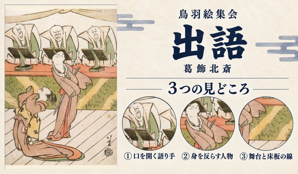 葛飾北斎「鳥羽絵集会 出語」の全図と、口を開く語り手、身を反らす人物、舞台と床板の線を示した3つの見どころ