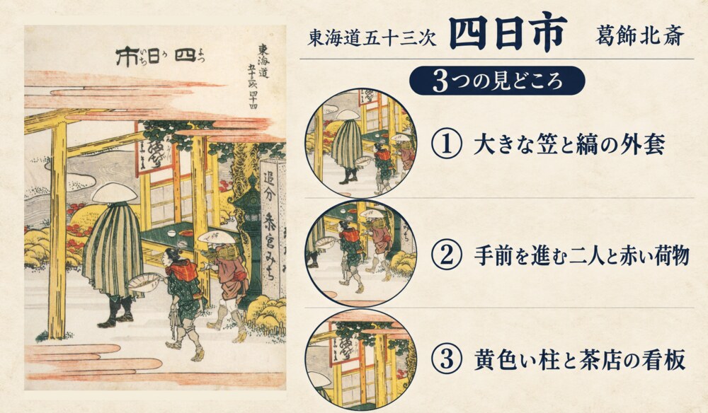 葛飾北斎「東海道五十三次 四日市」の全図と、大きな笠と縞の外套、手前を進む二人と赤い荷物、黄色い柱と茶店の看板を示した3つの見どころ