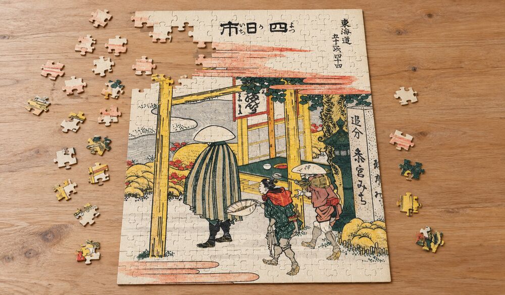 葛飾北斎「東海道五十三次 四日市」を絵柄にした、組み立て途中のジグソーパズルのイメージ