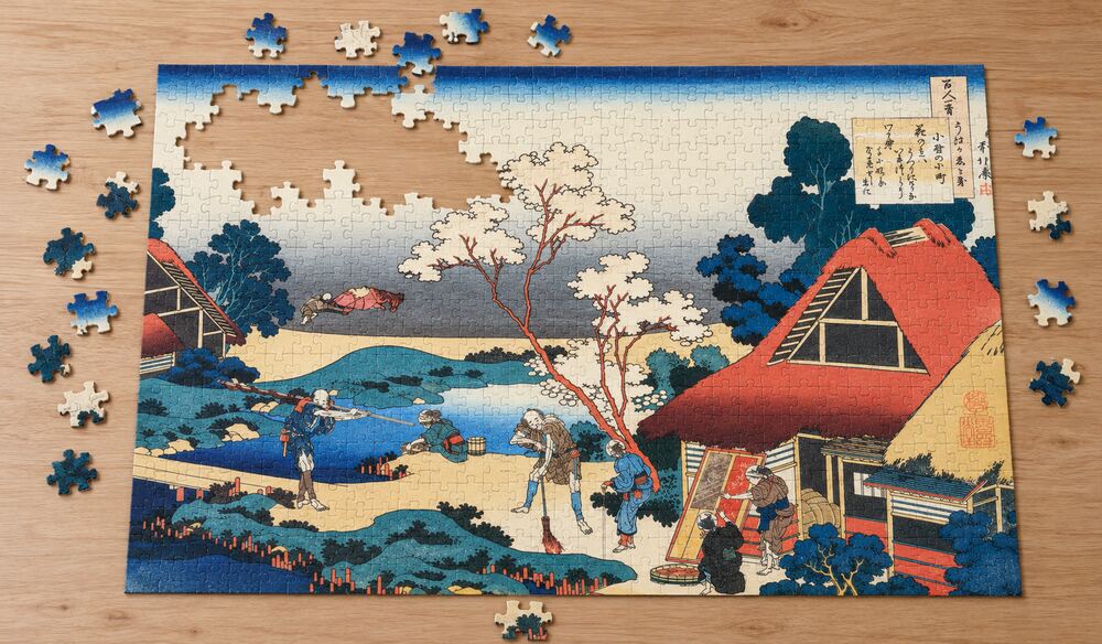 葛飾北斎「百人一首うはかえと幾 小野の小町」を絵柄にした、組み立て途中のジグソーパズルのイメージ