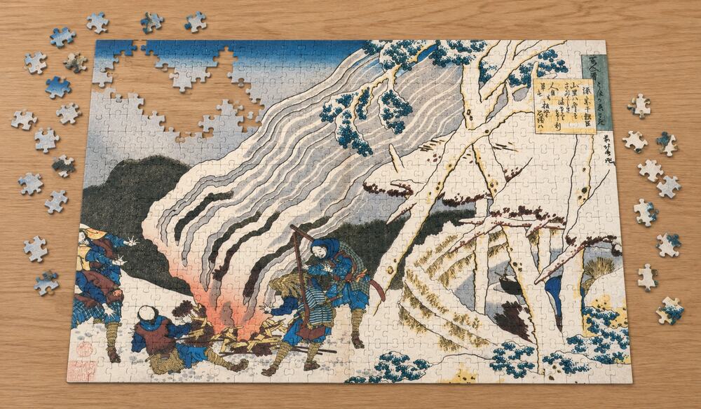 葛飾北斎「百人一首うはか恵と起 源宗于朝臣」を絵柄にした、組み立て途中のジグソーパズルのイメージ